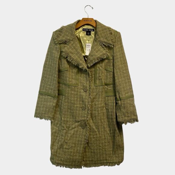 90s Blanc Noir Wool Blend Coat  Green Plaid Tweed Fringe Lightweight Juniors L - Picture 1 of 16